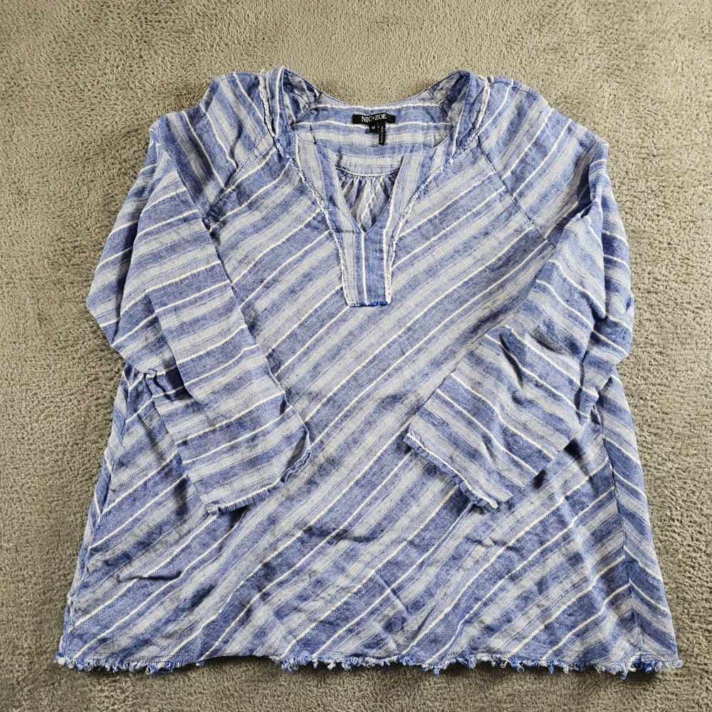 NIC+ZOE Women Blue White Striped Linen Blend Split Neck Tunic Top Medium